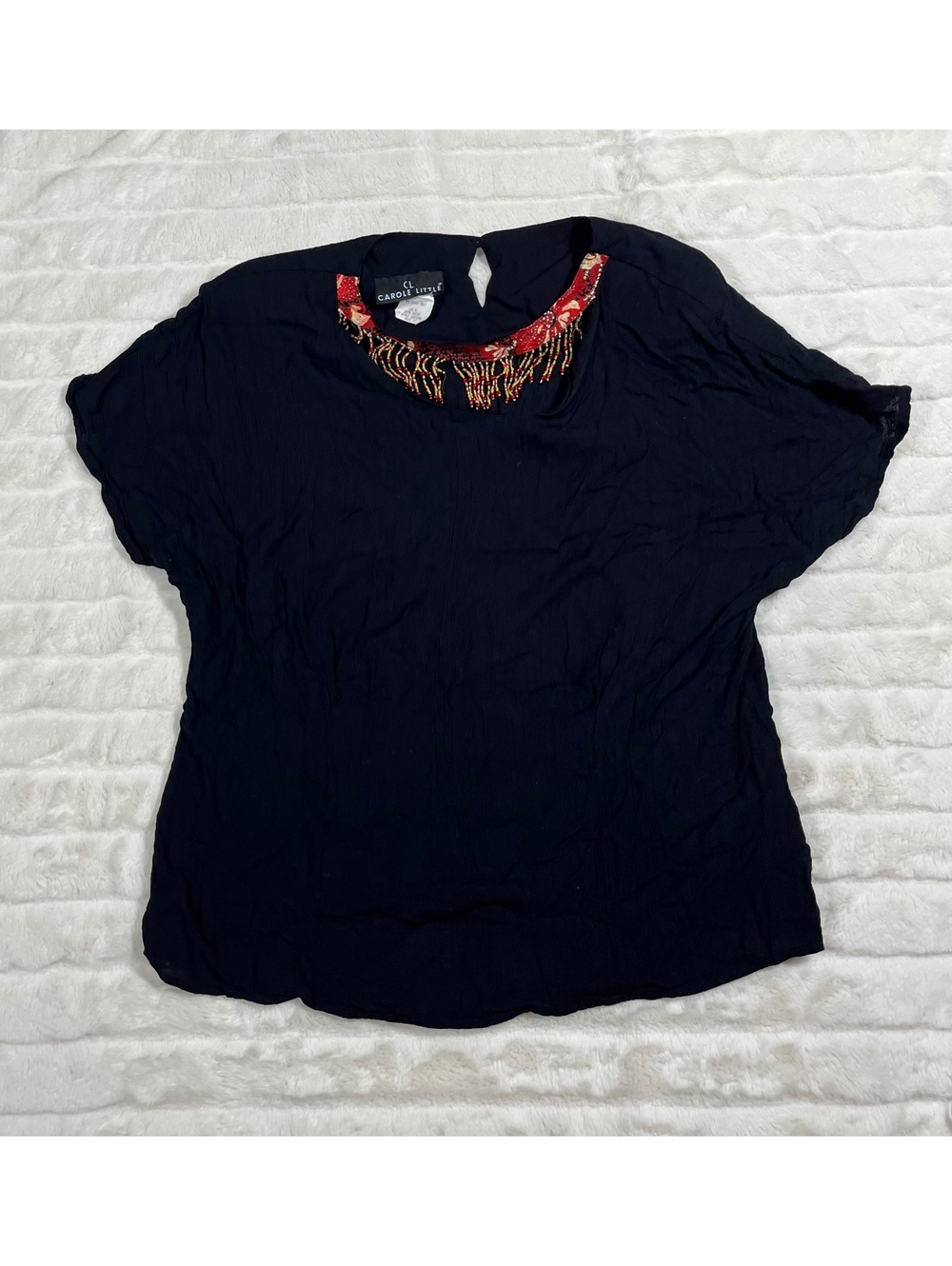 Carole Little 12 VTG Southwestern Beaded Fringe Cutout Loose Fit Top Made In USA